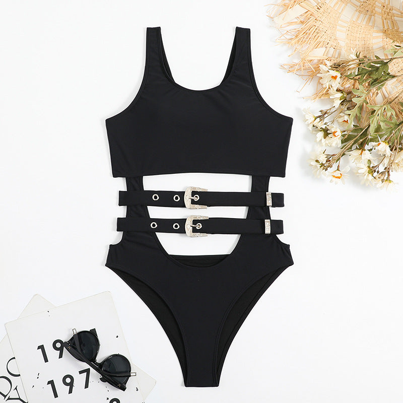 Women's Waist Hollow-out One-Piece Swimsuit | Black Nylon Spandex Swimwear S-L