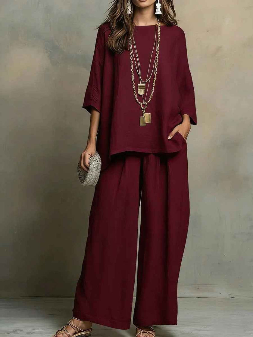 Loose Fit Linen Blend Shirt & Wide Leg Pants Two-Piece Set