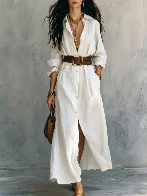 V-Neck Long Shirt Dress for Women – Cotton Linen A-Line Maxi Dress Canada USA