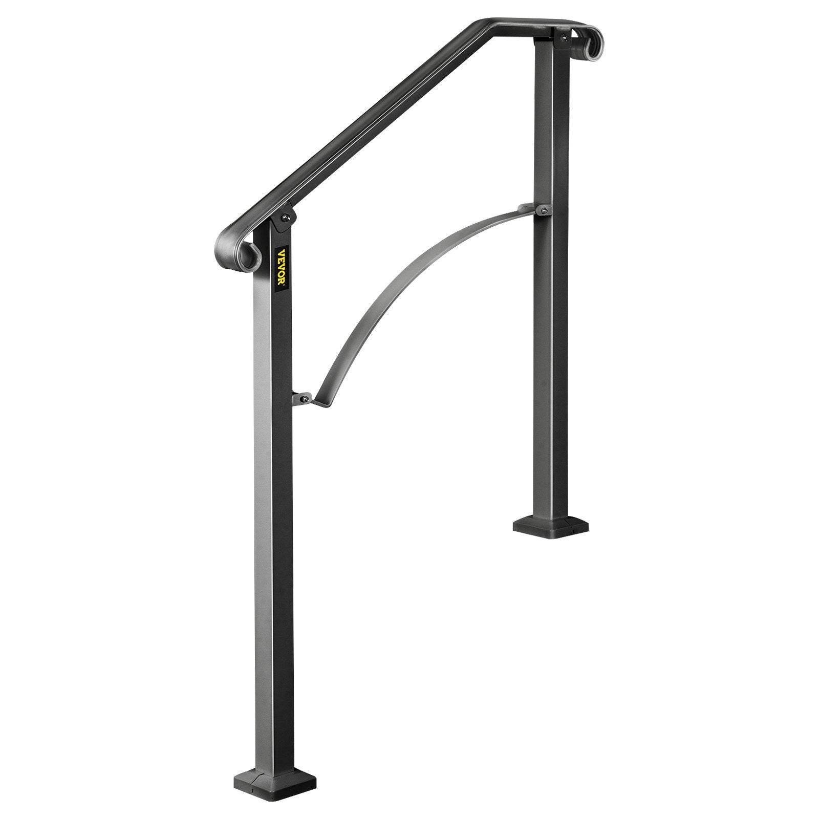 Handrails For Outdoor Steps, Fit 2 Or 3 Steps Outdoor Stair Railing, Arch 2 Wrought Iron Handrail, Flexible Porch Railing, Black Transitional Handrails For Concrete Steps Or Wooden Stairs