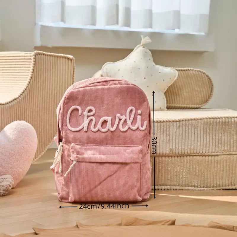Personalised Children's School Bag – Cartoon Name Backpack (Beige, Blue, Green, Pink)