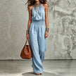 Women's Halter Neck Backless Wide-Leg Jumpsuit | Sleeveless Lace-Up Onesie