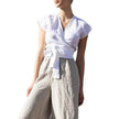 Women's Cotton Linen Lace-Up V-Neck Blouse