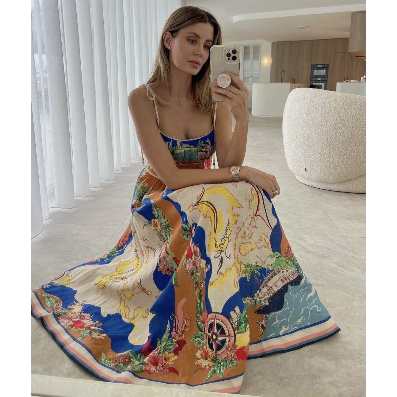Elegant Ladies Spaghetti strap Vacation Resort Boho Floral Summer Maxi dress