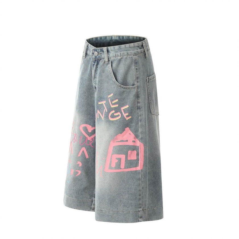 Hand Painted Graffiti Printing Denim Shorts Men Jeans