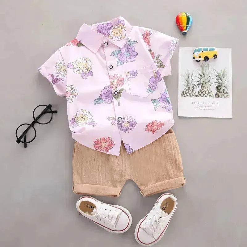 Summer  Flower Lapel Shirt Two-piece Set for boys Short sleeve shirt and short pant