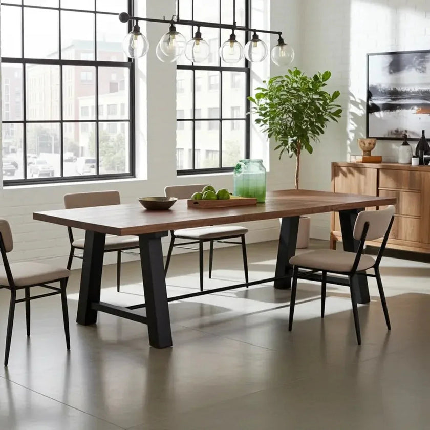 Table à diner industrielle style Établie patte en acier noir avec plateau en acacia