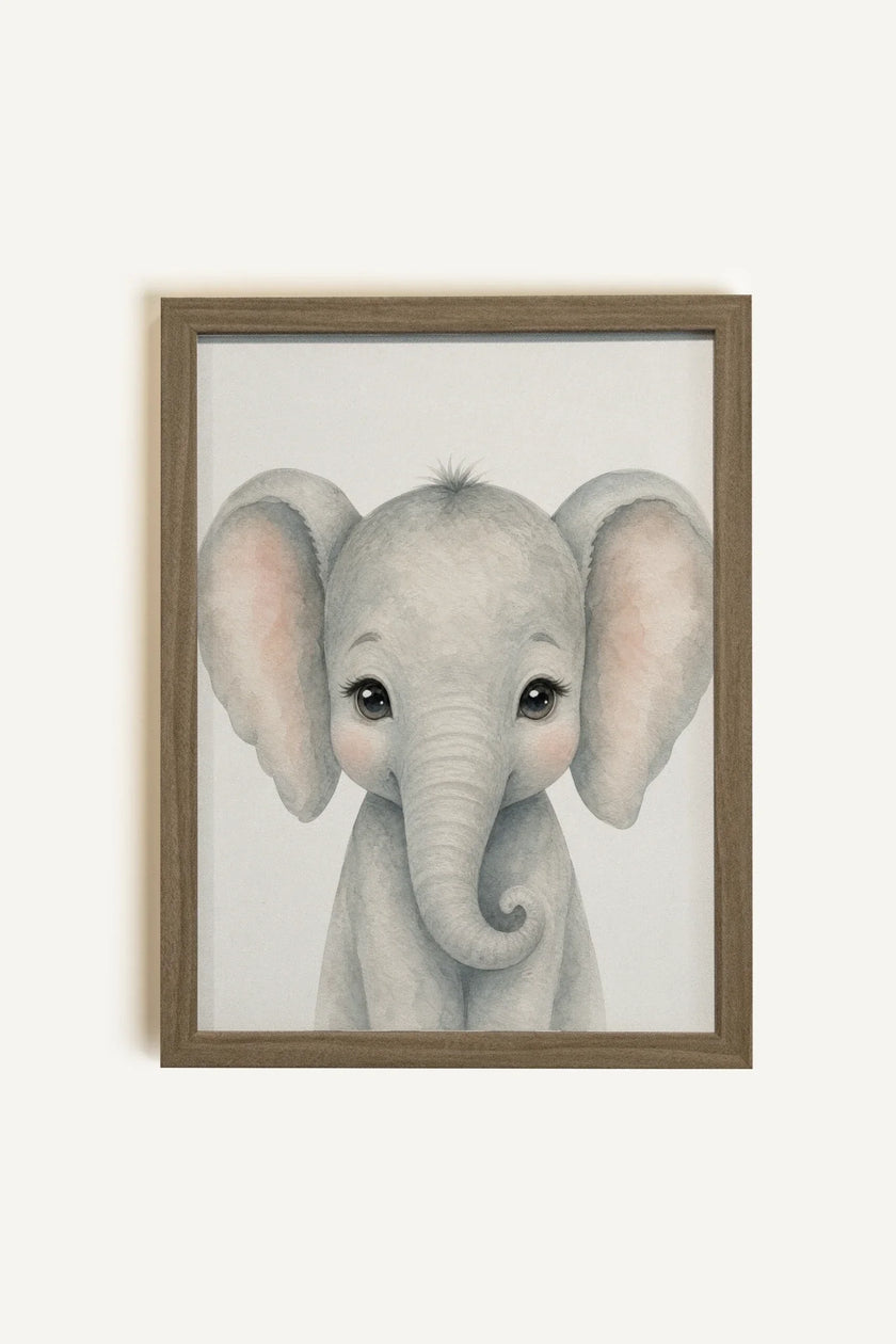 PETIT ÉLÉPHANT, Oeuvre sur toile rigide, encadré brun chêne (collective)