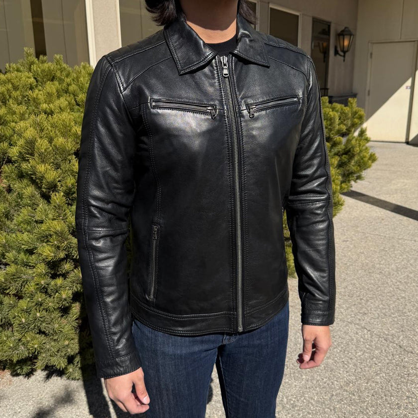 BOL Men’s Zip Pocket Leather Jacket. Sheep Leather Jacket with Fold-Down Collar
