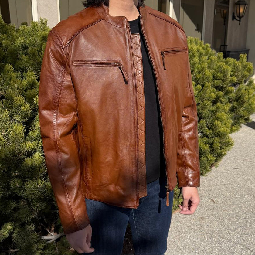 BOL Men's Racer Leather Jacket. Tan Sheep Oily Leather Moto Jacket