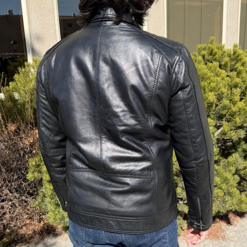 BOL Men’s Zip Pocket Leather Jacket. Sheep Leather Jacket with Fold-Down Collar