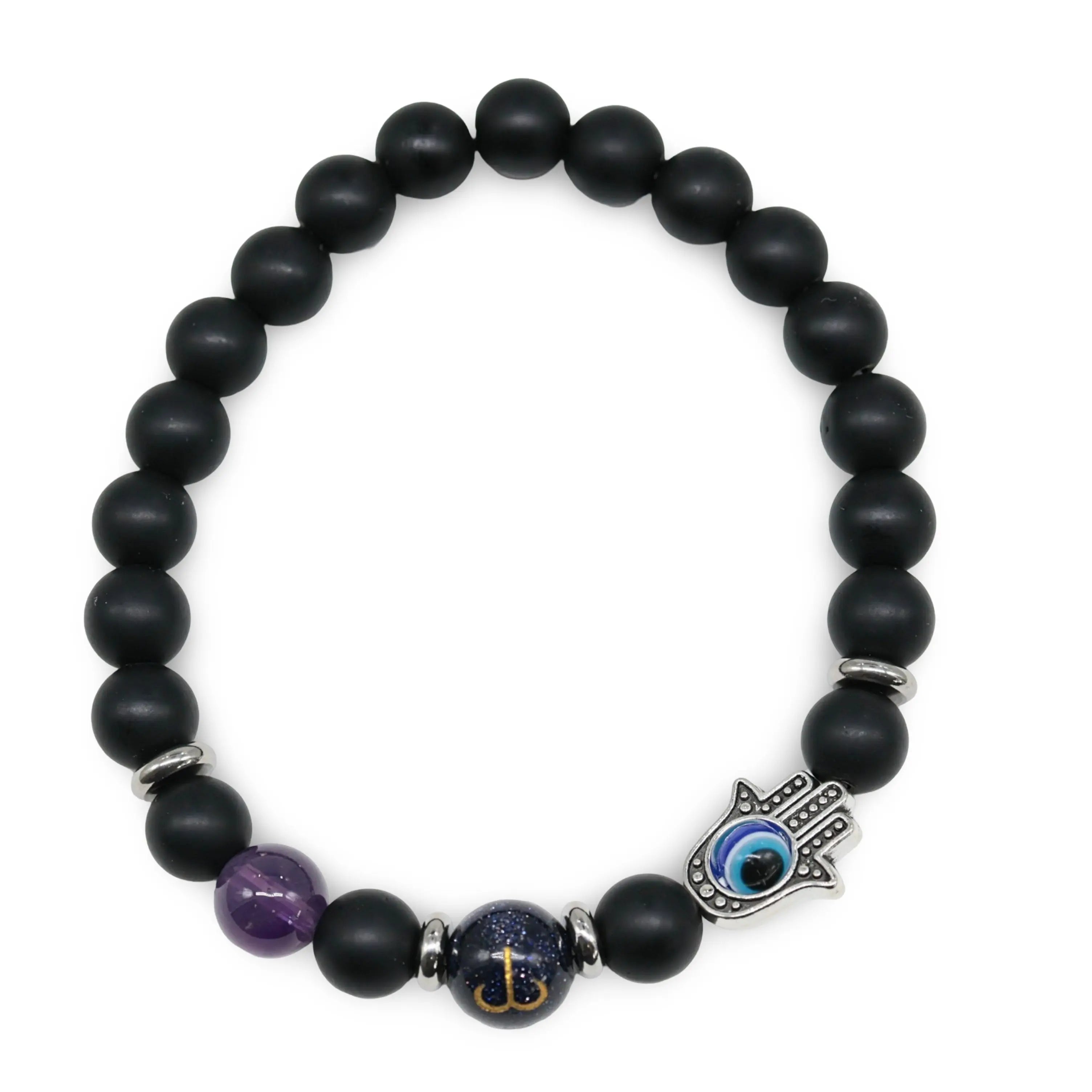 Bracelet - Natural Black Agate - Constellation - Fatima Hand - 8mm