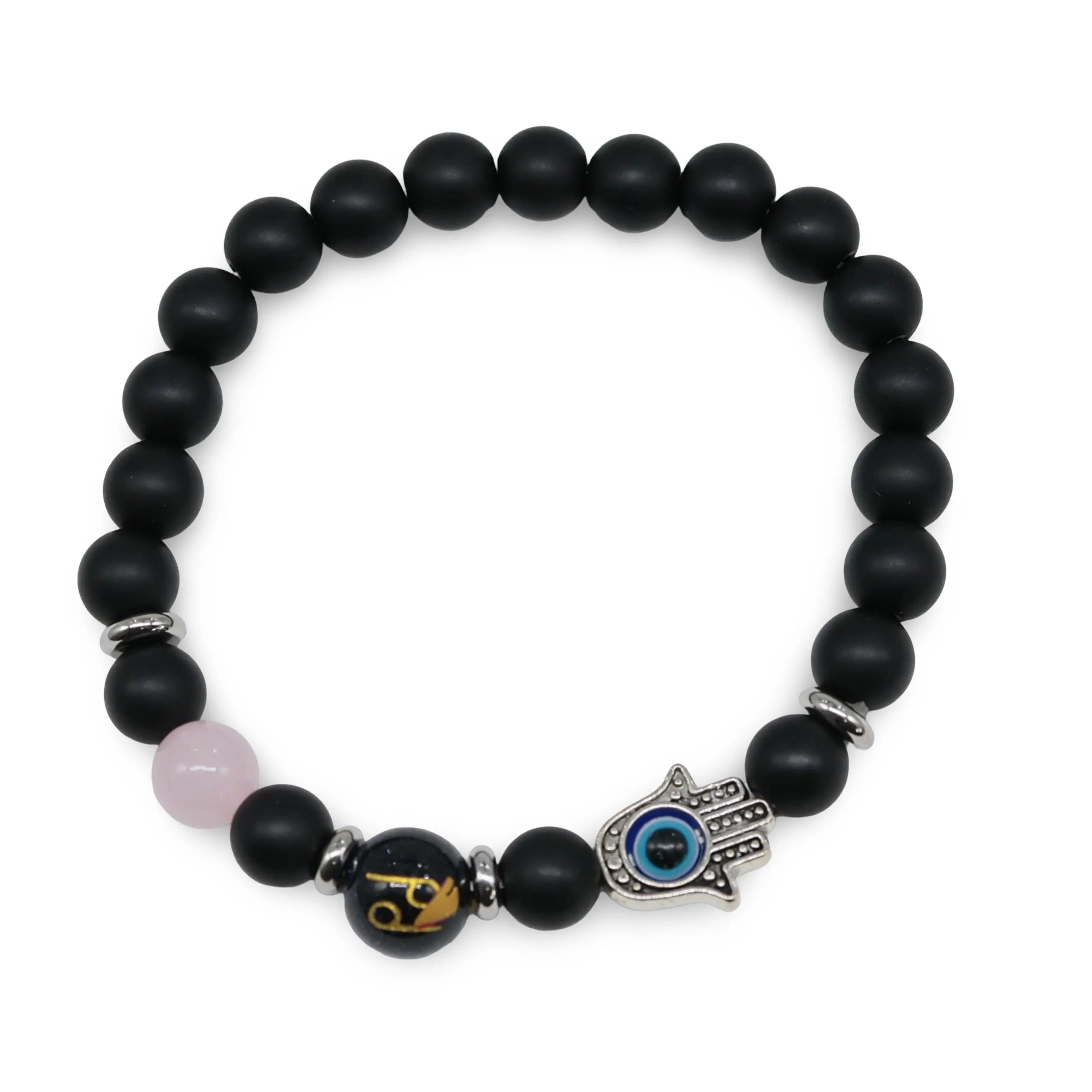 Bracelet - Natural Black Agate - Constellation - Fatima Hand - 8mm