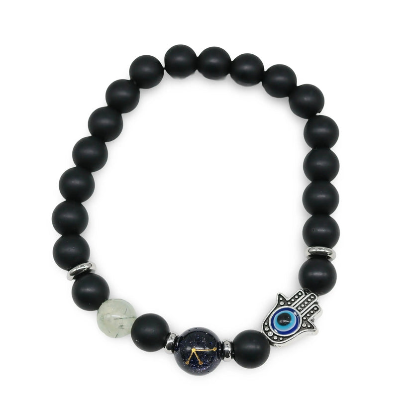 Bracelet - Natural Black Agate - Constellation - Fatima Hand - 8mm
