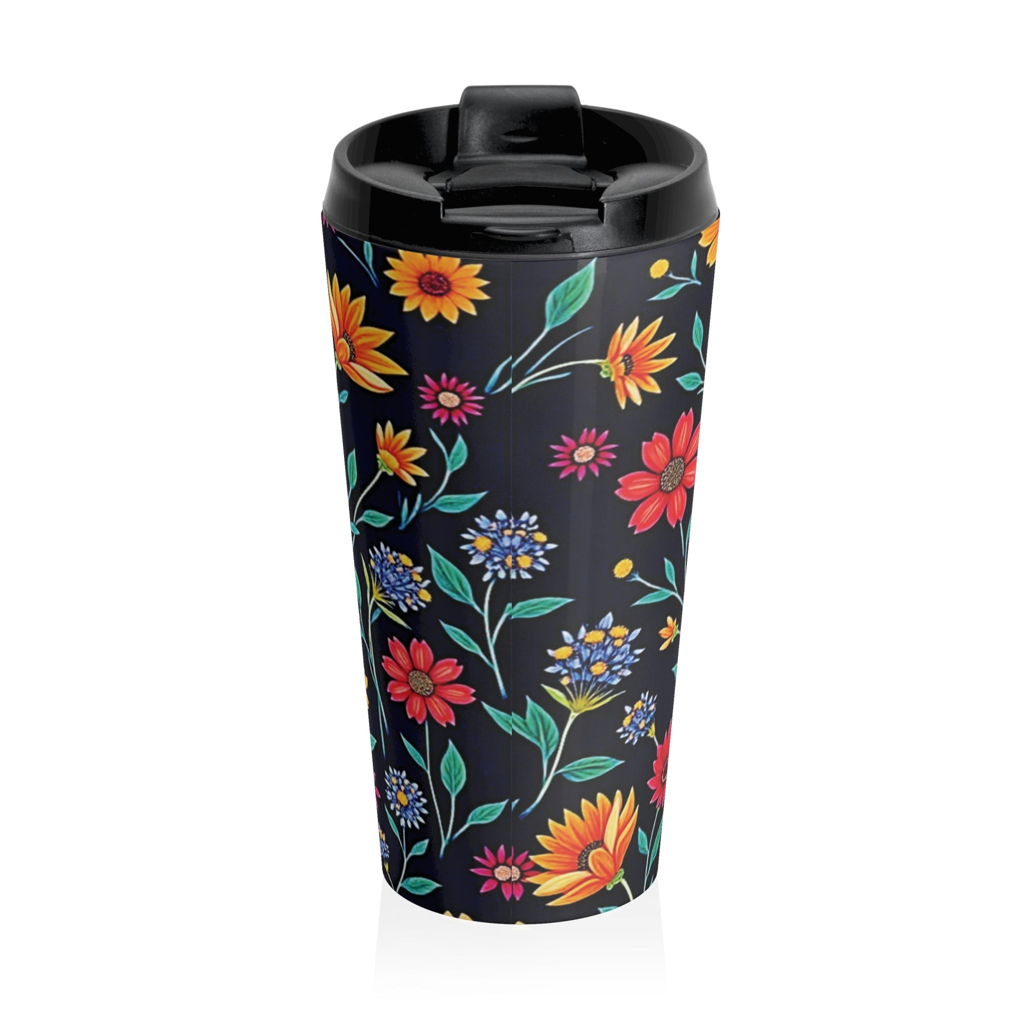 Colorful Floral Pattern Stainless Steel Travel Mug | Black Background