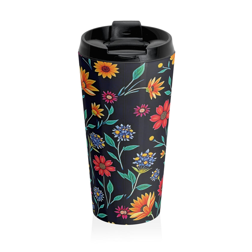 Colorful Floral Pattern Stainless Steel Travel Mug | Black Background