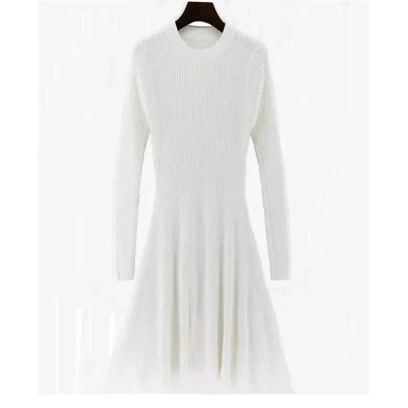 Autumn Winter Round neck Slim fit Mini Flared Sweater Dress