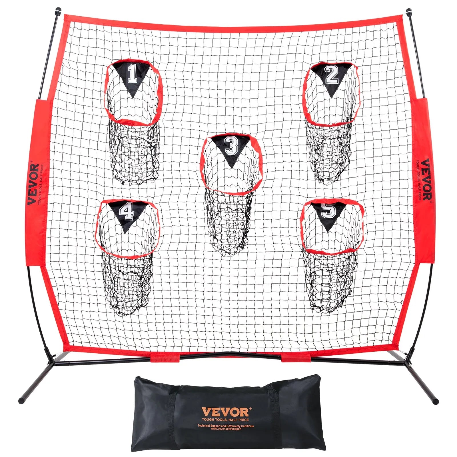 VEVOR 8 x 8 ft Football Trainer Throwing Net, Training Throwing Target Practice Net with 5 Target Pockets, Knotless Net Includes Bow Frame and Portable Carry Case, Improve QB Throwing Accuracy, Red