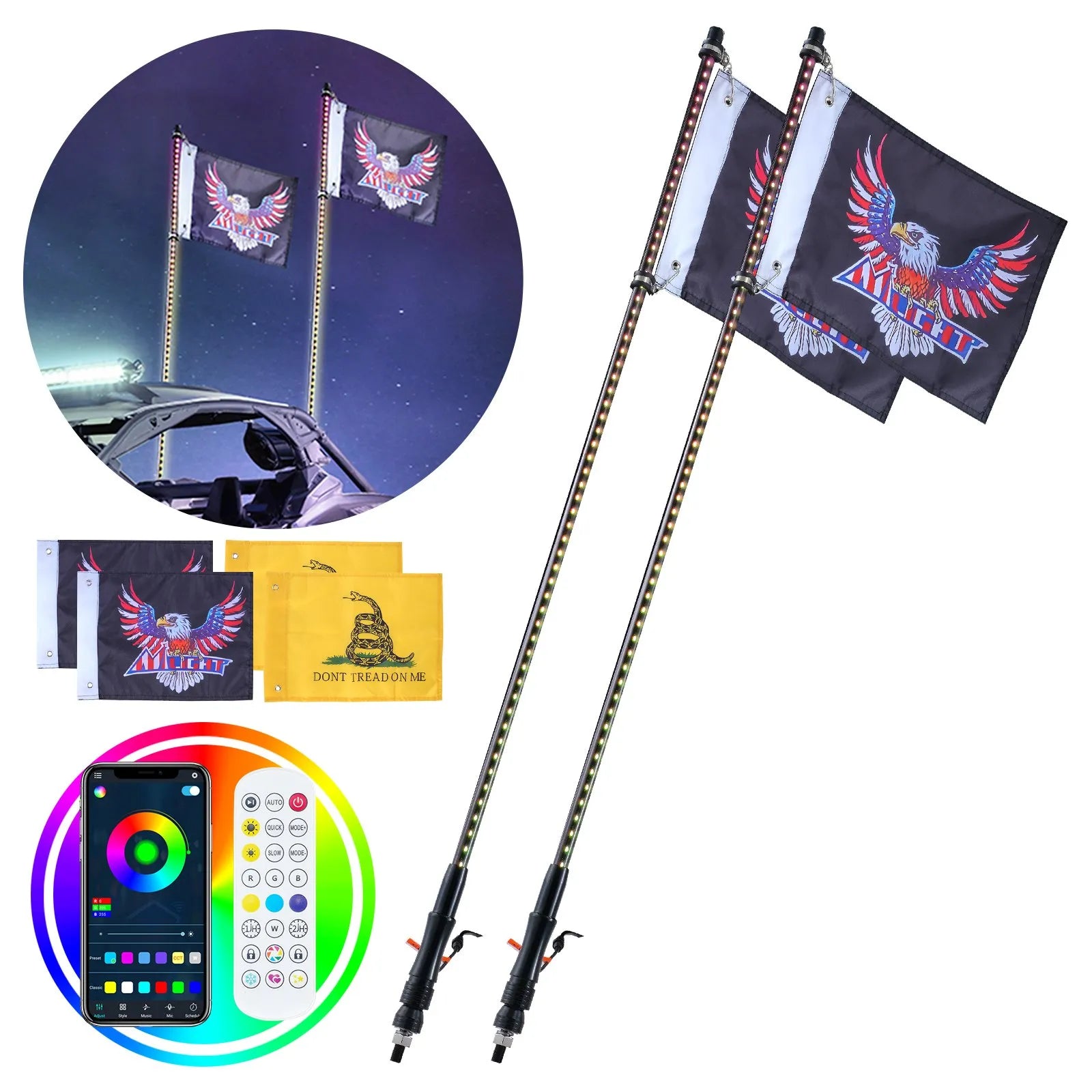 VEVOR 2 PCS 3 FT Whip Light, APP & RF Remote Control Led Whip Light, Waterproof RGB Chasing Lighted Whips with 4 Flags, for UTVs, ATVs, Motorcycles, RZR, Can-am, Trucks, Off-road, Go-karts