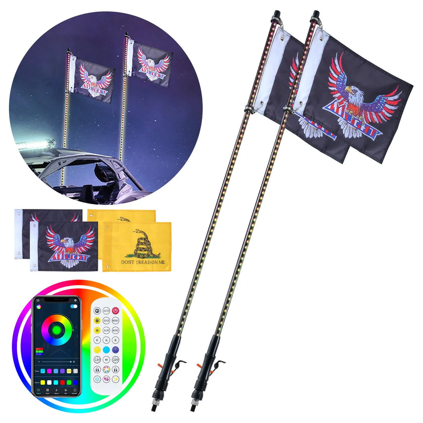 VEVOR 2 PCS 3 FT Whip Light, APP & RF Remote Control Led Whip Light, Waterproof RGB Chasing Lighted Whips with 4 Flags, for UTVs, ATVs, Motorcycles, RZR, Can-am, Trucks, Off-road, Go-karts