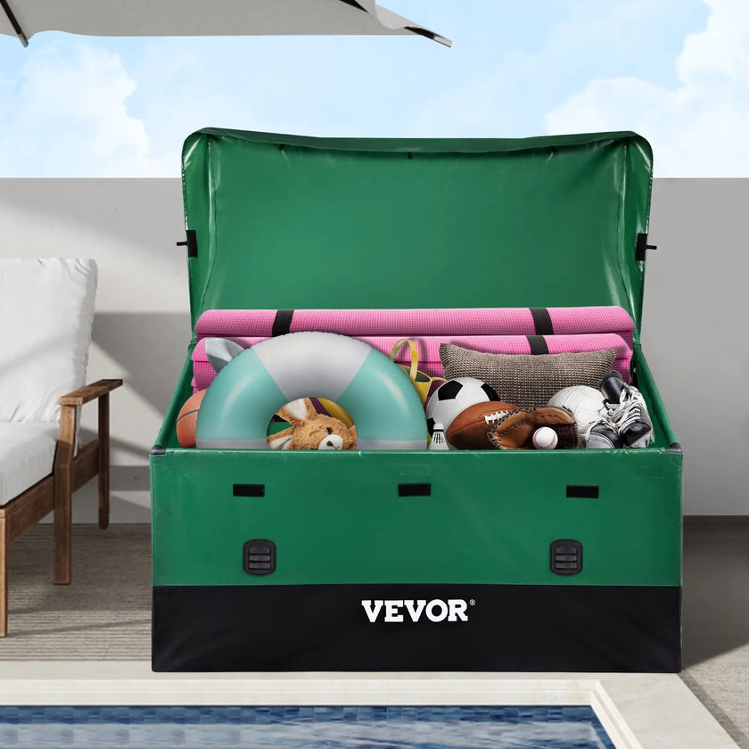 VEVOR Outdoor Storage Box, 230 Gallon Waterproof PE Tarpaulin Deck Box w/ Galvanized Frame, All-Weather Protection & Portable, for Camping, Garden, Poolside, and Yard, Brown & Blue