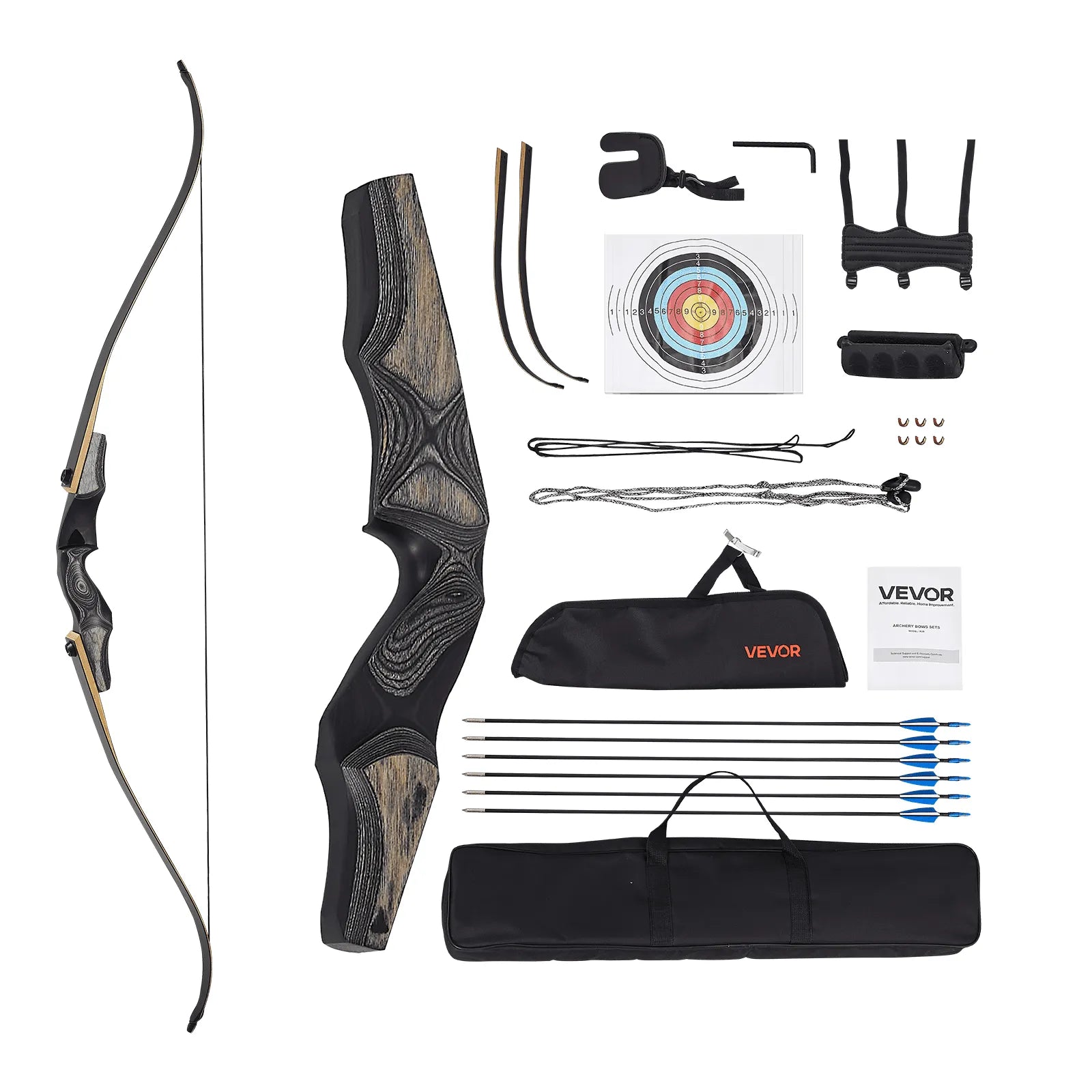 VEVOR 60in Takedown Recurve Bow Wooden Bow Arrows Kit Hunting Practice 30 lbs