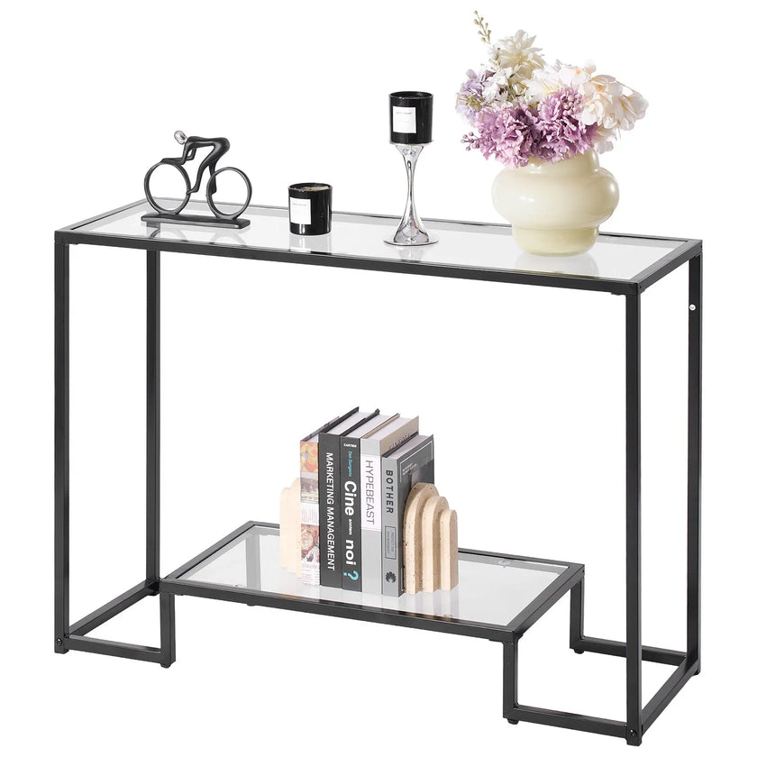 VEVOR 2-Tier Glass Console Table Rectangle Sofa Side Table with Anti-Tip Black