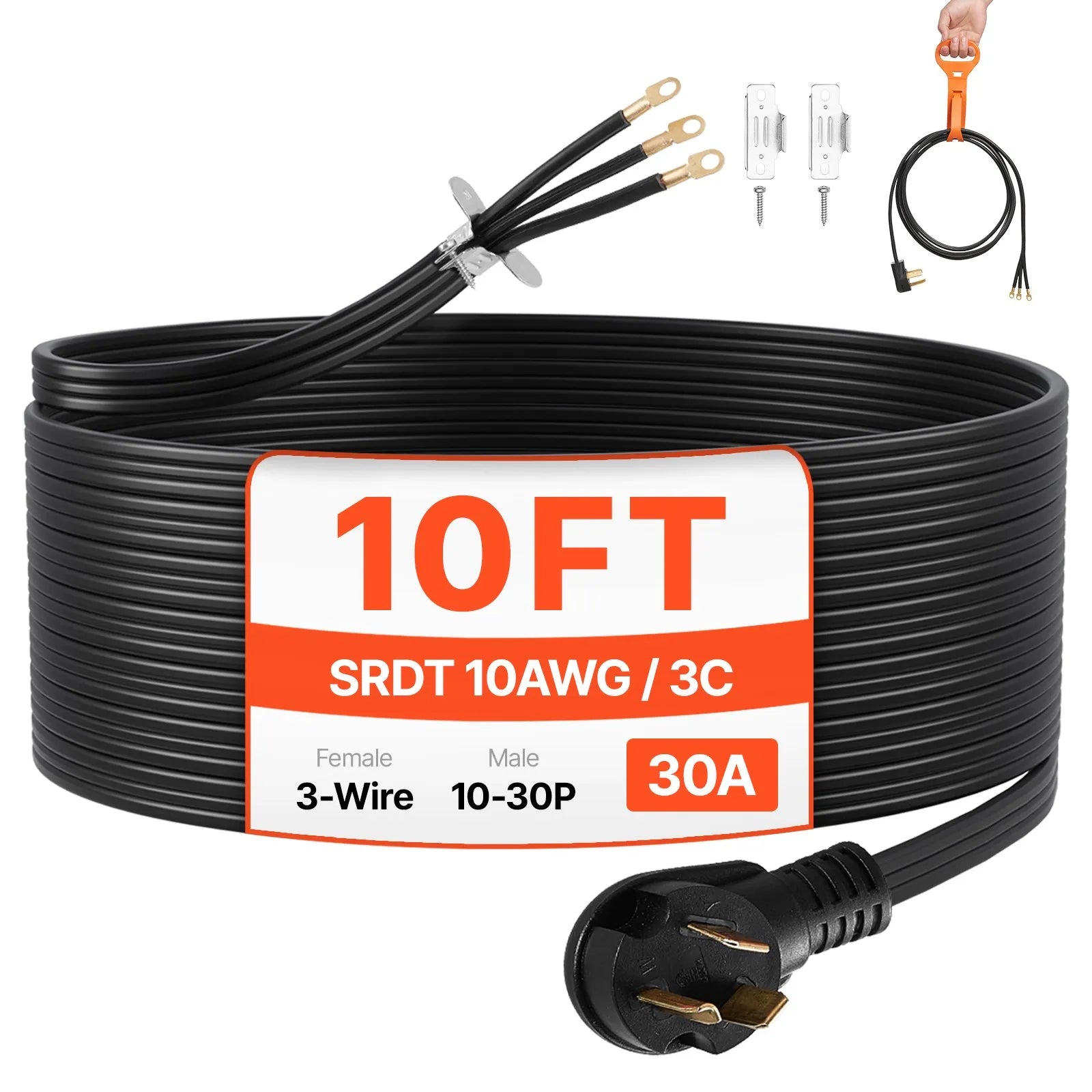VEVOR 10 ft Dryer Power Cord 3-Prong NEMA 10-30P Dryer Cord w/ Eyelet Connectors