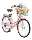 VEVOR 26-Inch Cruiser Bike 7-Speed Pink Beach Cruiser Bike with Basket
