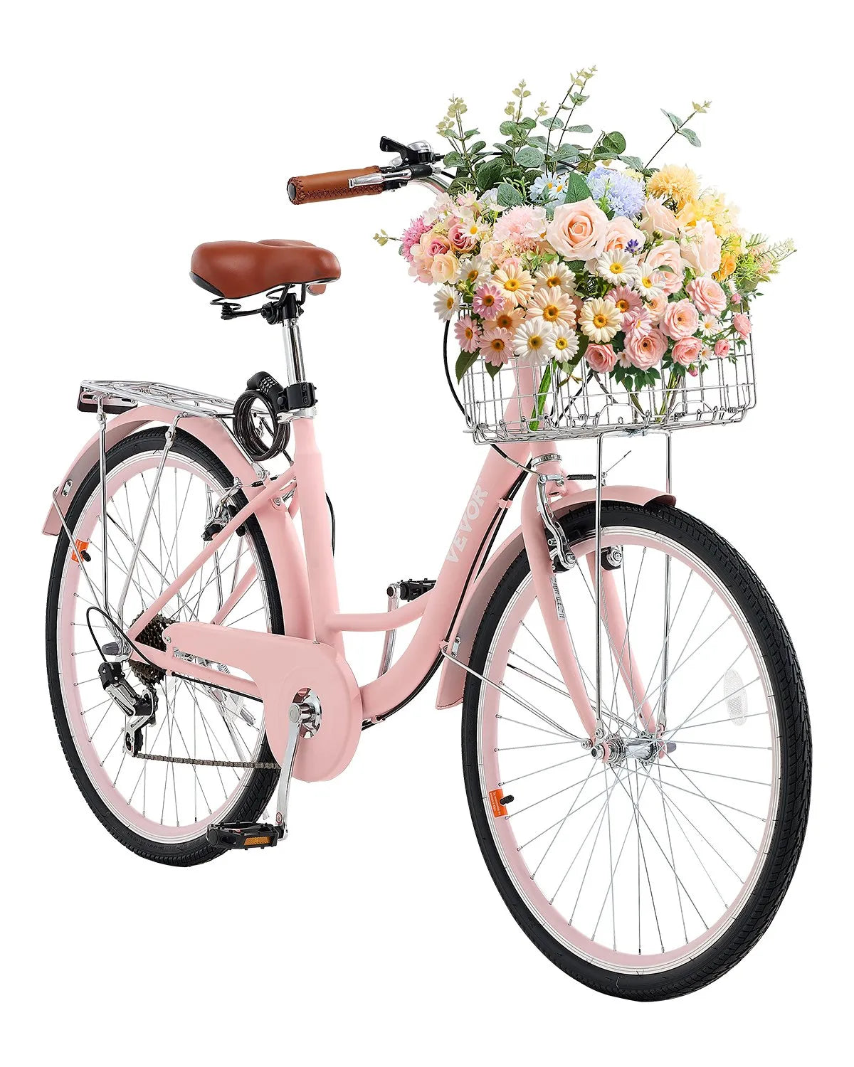 VEVOR 26-Inch Cruiser Bike 7-Speed Pink Beach Cruiser Bike with Basket