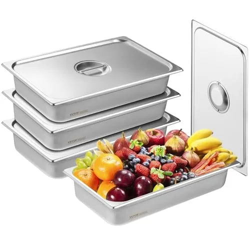 VEVOR 4 Pack Hotel Pans, Full Size Anti-Jam Steam Pan with Lid, 0.8mm Thick Stainless Steel Steam Table Pan, 4-Inch Deep Commercial Table Pan, Catering Storage Food Pan, for Industrial & Scientific