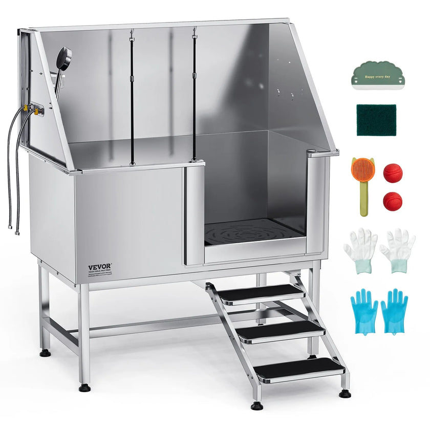 VEVOR 50 Inch Dog Grooming Bath Tub Stainless Steel w Stairs Water Filter