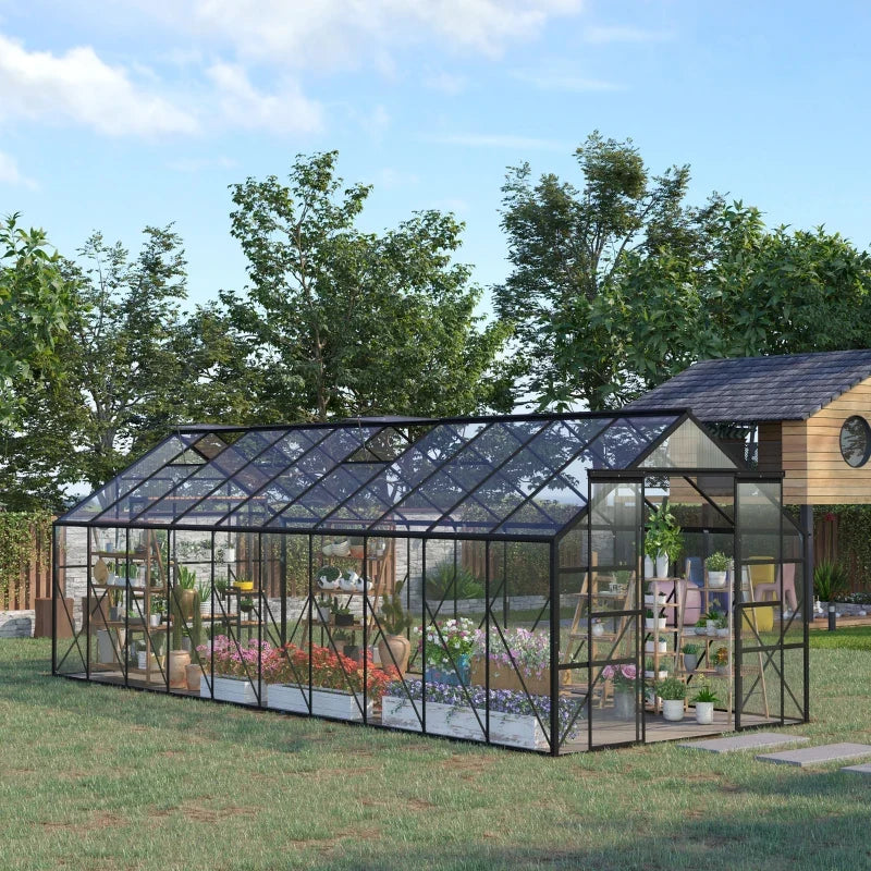 20' x 8' x 6.9' Walk-in Greenhouse with Adjustable Roof Vent, Rain Gutter and Sliding Door for Winter, Large Aluminum Greenhouse, Clear