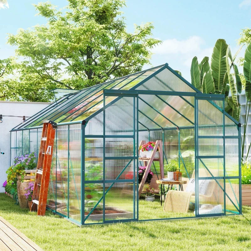 16' x 8' Aluminum Polycarbonate Greenhouse Walk-in Garden Greenhouse Kit with Adjustable Roof Vent, Rain Gutter and Sliding Door for Winter, Green