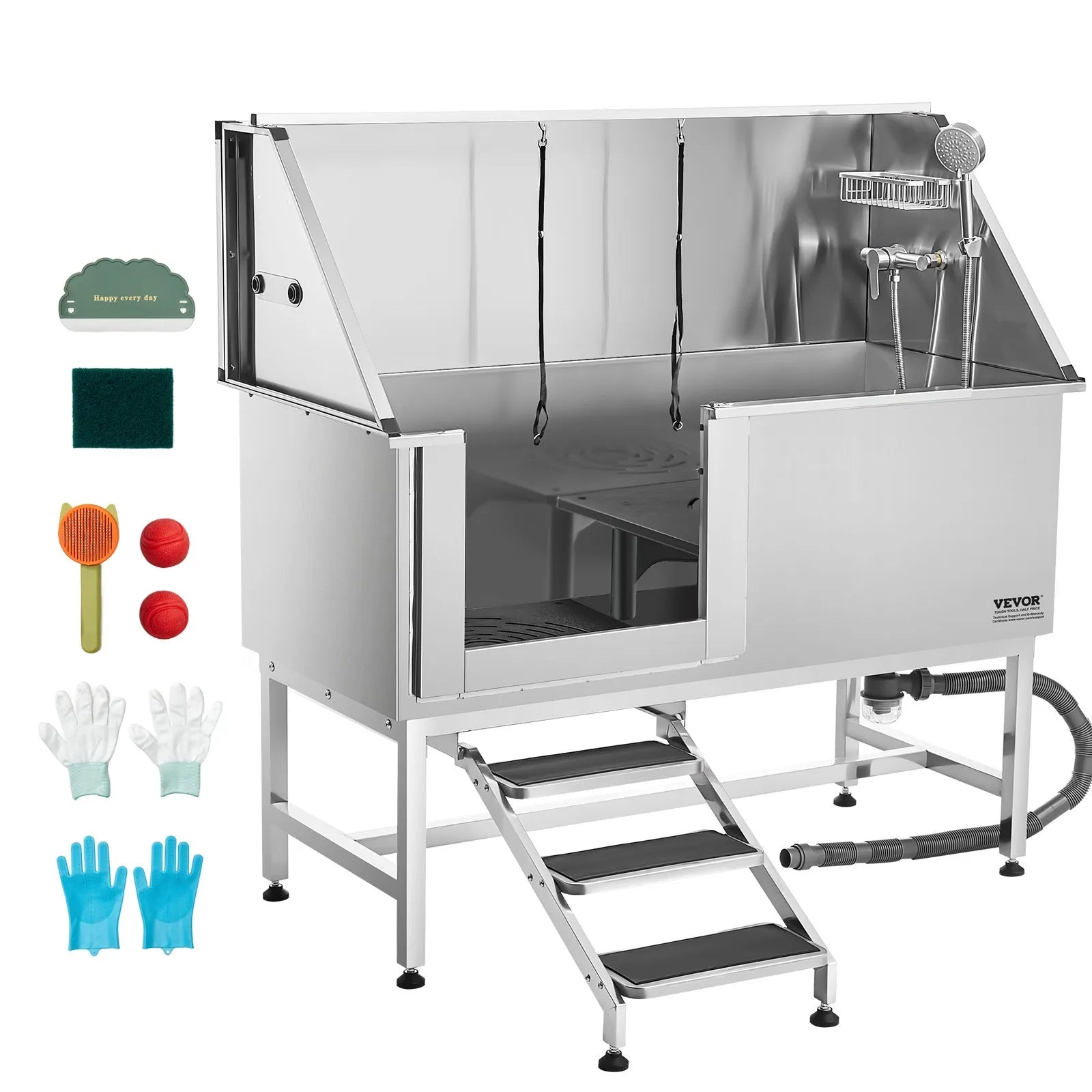 VEVOR 62 Inch Dog Grooming Bath Tub Stainless Steel w Stairs Water Filter Left