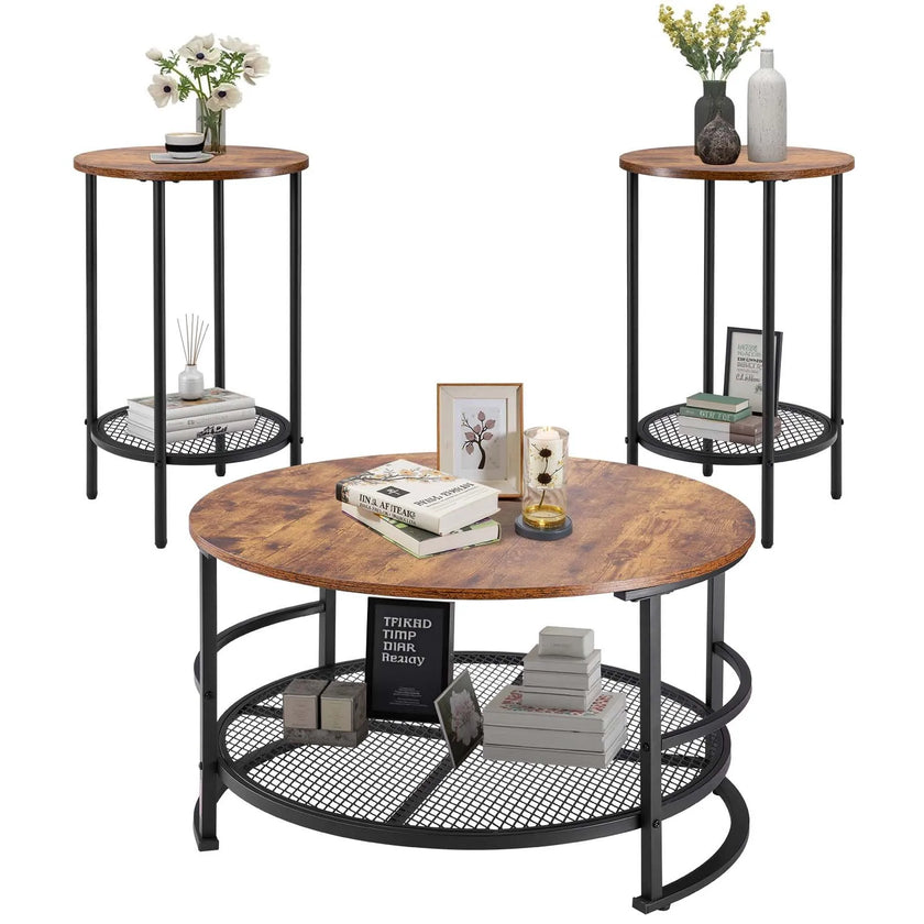 VEVOR 3 Pieces Round Coffee Table Set 31.5 in with 2 End Tables for Living Room