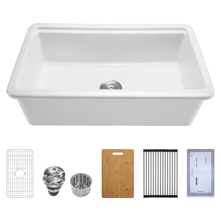 VEVOR 33in Farmhouse Sink Topmount Undermount Kitchen Single Bowl Basin Fireclay