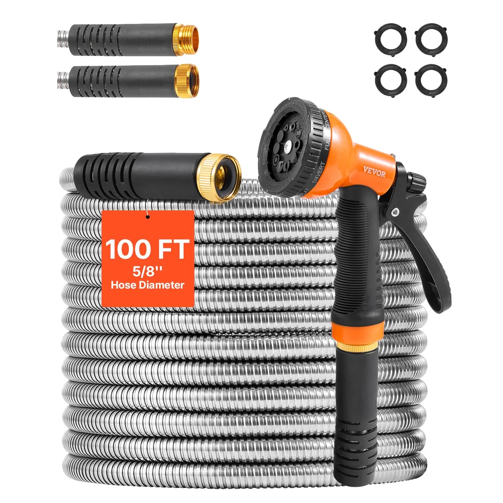 VEVOR 100ft Metal Garden Hose Stainless Steel Water Hose Lightweight No Kink