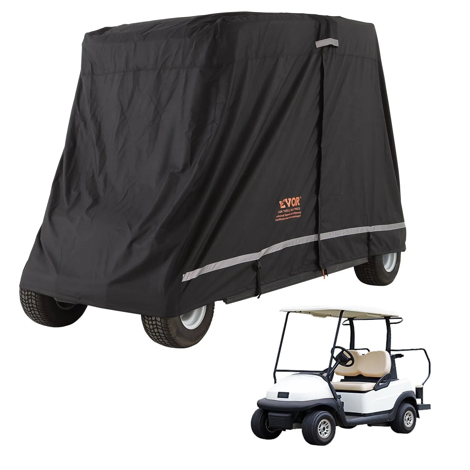 VEVOR 4 Passenger Golf Cart Cover, 600D Polyester Full Cover, Universal Fits for Most Brand Club Car Covers, Waterproof, Sunproof, and Dustproof Outdoor Golf Cart Cover with Three Zipper Doors, Black