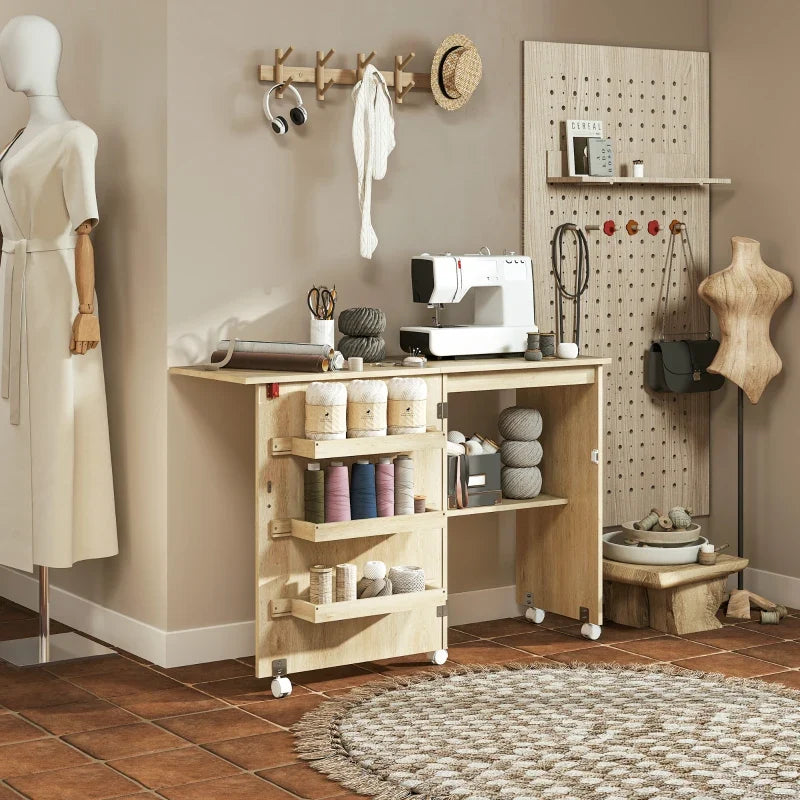 Sewing Machine Cabinet, Folding Sewing Table with Storage Shelf, Bins and Lockable Wheels for Small Space, Nature Wood