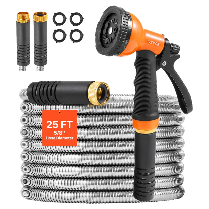 VEVOR 25ft Metal Garden Hose Stainless Steel Water Hose Lightweight No Kink