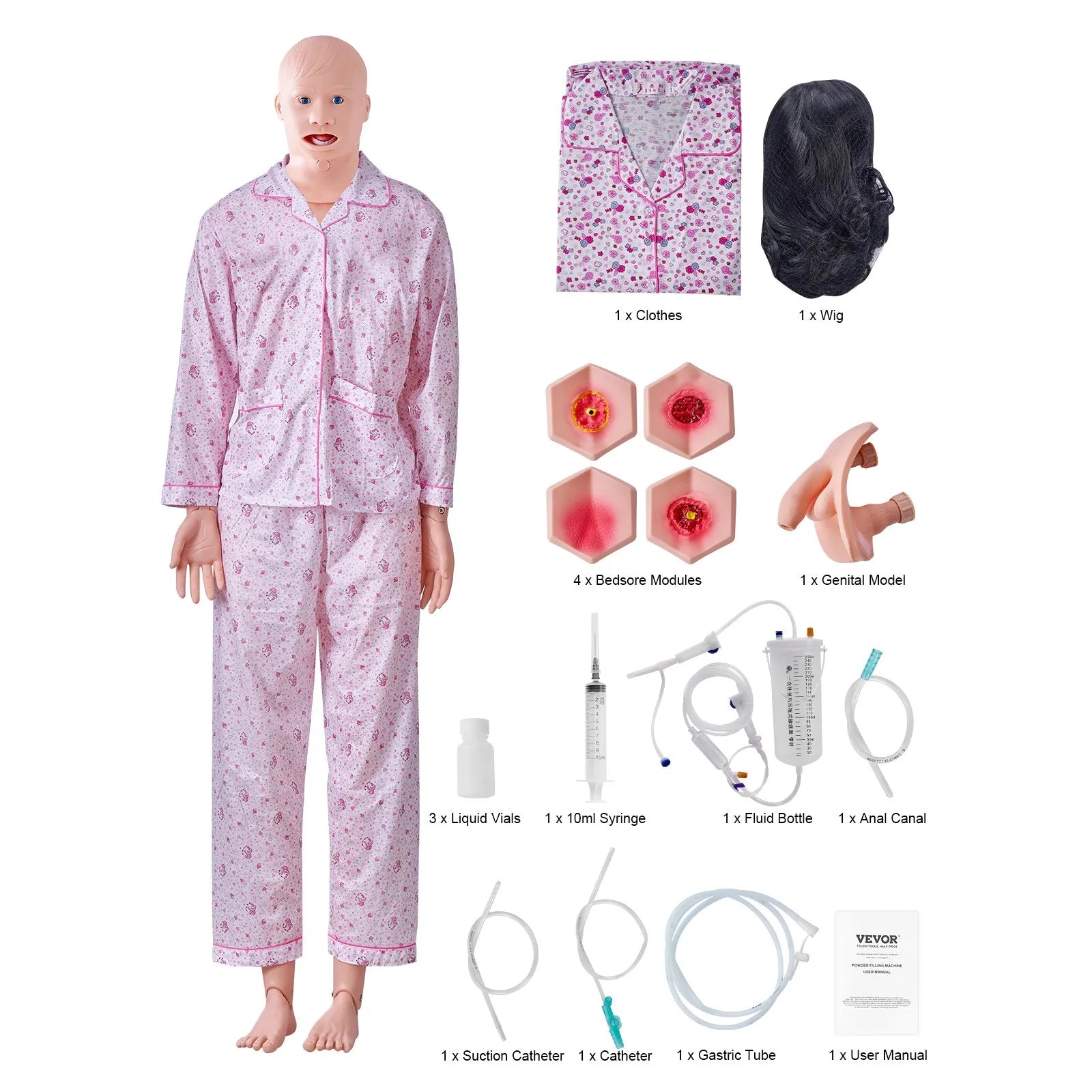 VEVOR Nursing Training Manikin, Male/Female Life Size Demonstration Human Manikin for Nursing Training, Multifunctional Education Teaching Model, PVC Anatomical Mannequin Body Care Simulator Model