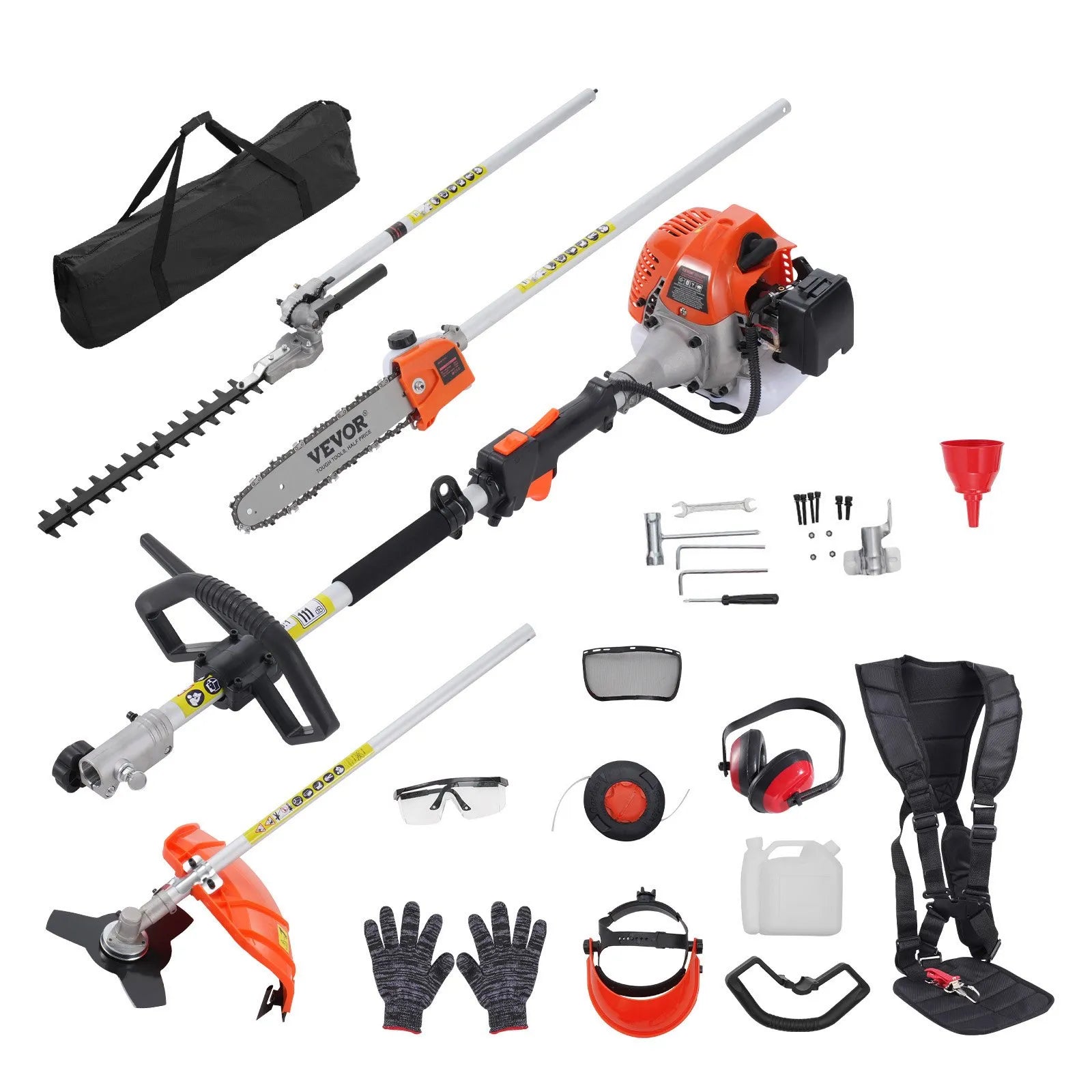 VEVOR 26CC 6-in-1 Multi-Functional Trimming Tools, Gas Hedge Trimmer, Weed Eater, String Trimmer, Brush Cutter, Edger, Pole Saw Chainsaw Pruner with Extension Pole