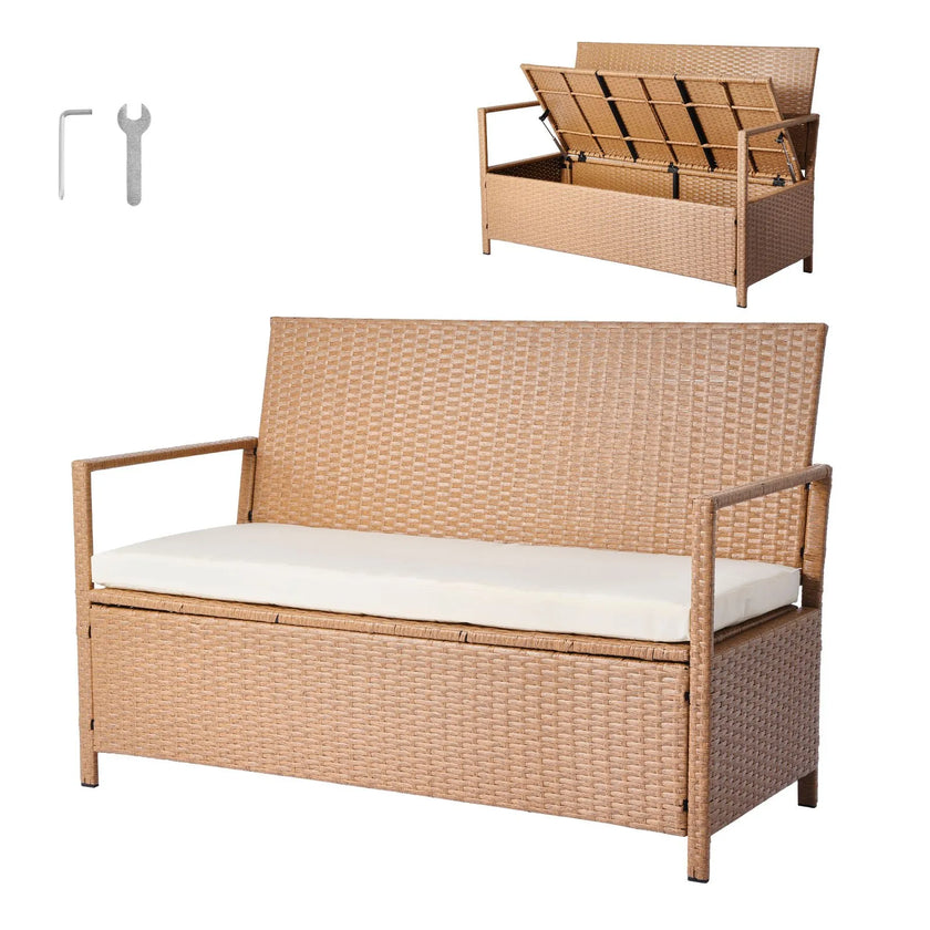VEVOR Outdoor Storage Bench PE Rattan 70 Gal Deck Box Waterproof Outdoor Seat