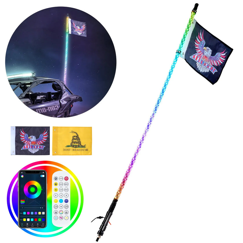 VEVOR 1 PC 3 FT Whip Light, APP & RF Remote Control Led Whip Light, Waterproof 360°Spiral RGB Chasing Lighted Whips with 2 Flags, for UTVs, ATVs, Motorcycles, RZR, Can-am, Trucks, Off-road, Go-karts