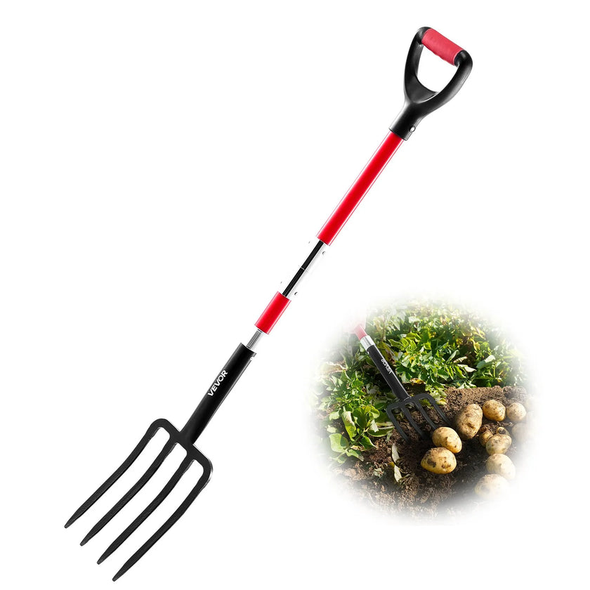 VEVOR 4 Tines Garden Fork Fiberglass Handle 45 in Spading Pitchfork Heavy Duty