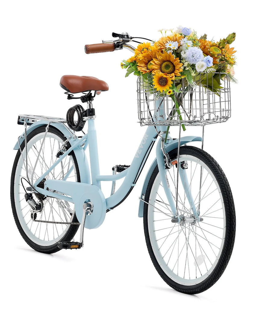 VEVOR 26-Inch Cruiser Bike 7-Speed Light Blue Beach Cruiser Bike with Basket