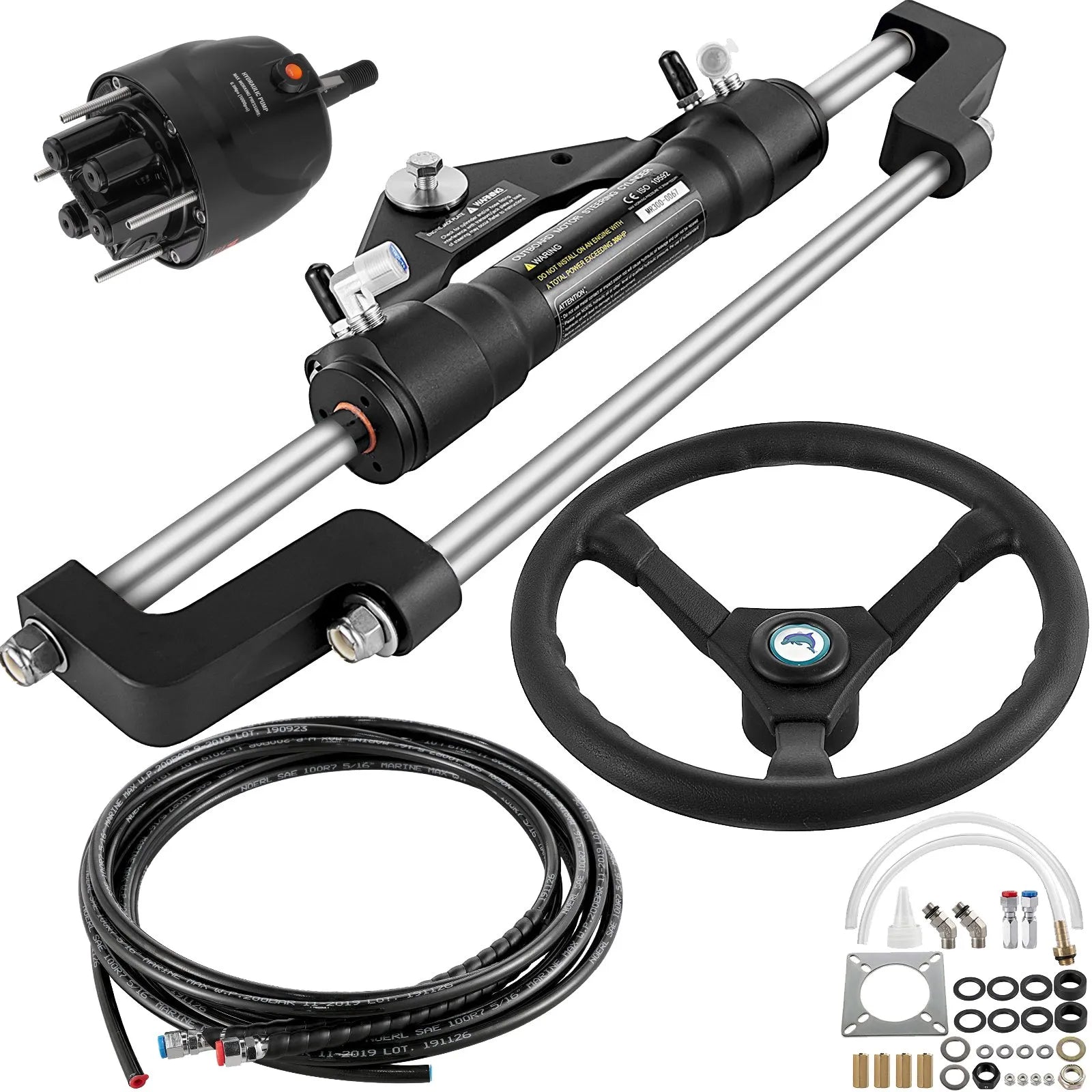 Hydraulic Boat Steering Kit Hydraulic Steering, 300HP Helm Pump, Cylinder, Wheel