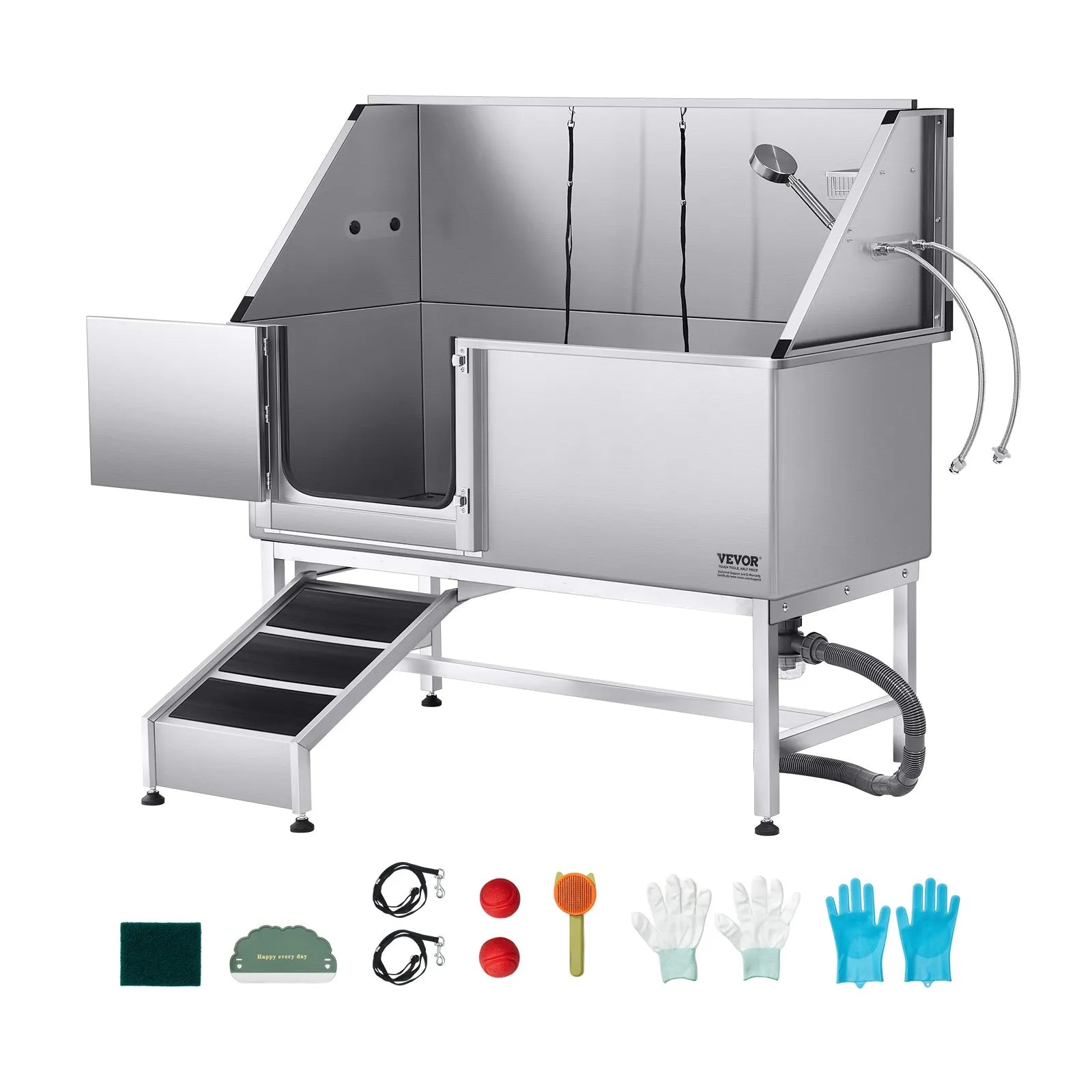 VEVOR 62 Inch Dog Grooming Bath Tub Stainless Steel w Ramp Water Filter Left