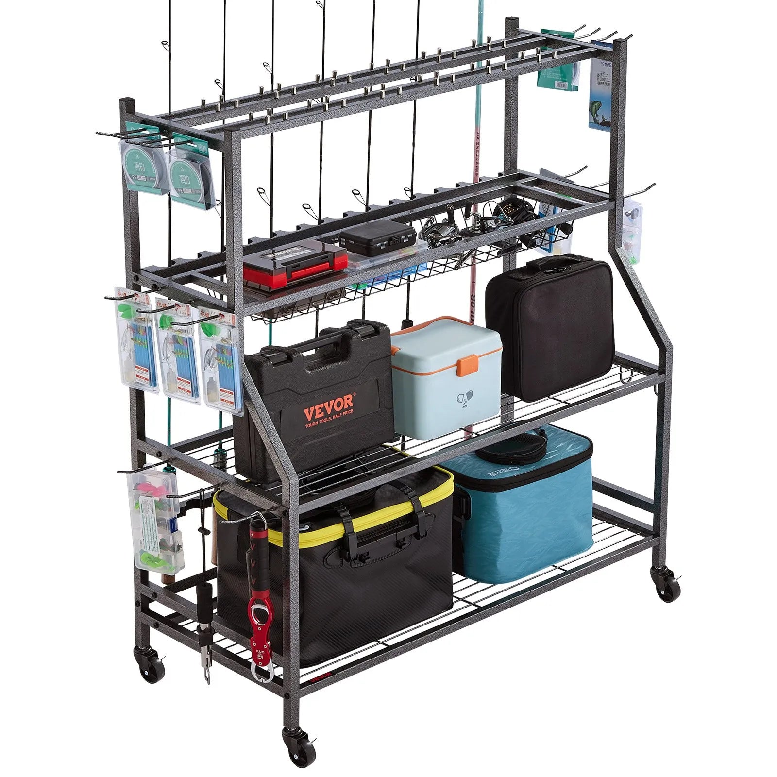 VEVOR 15 Pole Fishing Rod Holder Fishing Rack Cart Organizer for Garage Wheels